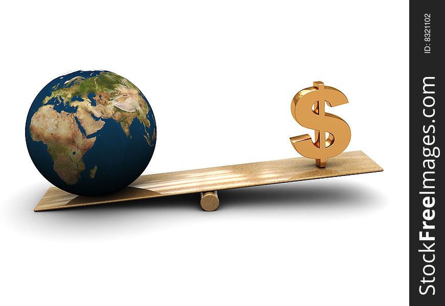 Abstract 3d illustration of dollar sign and earth on scale. Abstract 3d illustration of dollar sign and earth on scale