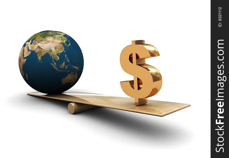 Abstract 3d illustration of earth and dollar sign on scale. Abstract 3d illustration of earth and dollar sign on scale