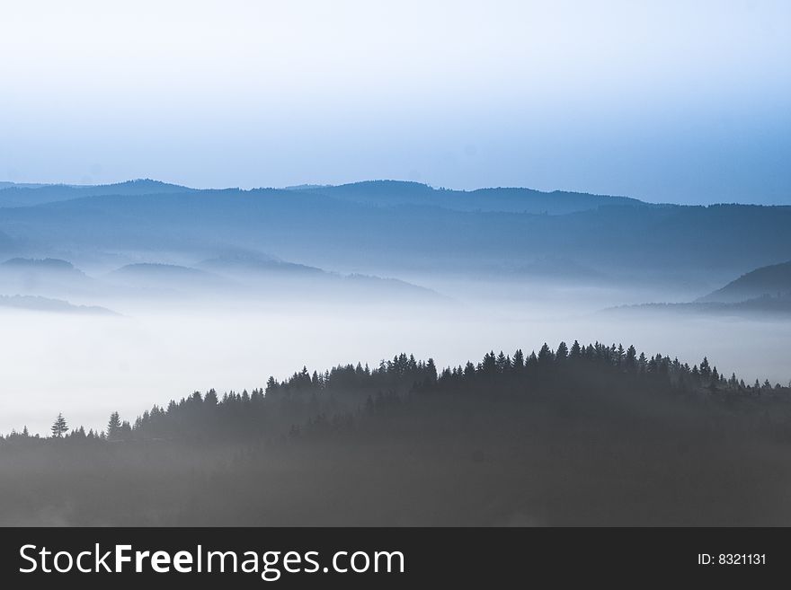 Foggy mountains with a forest in the foreground.