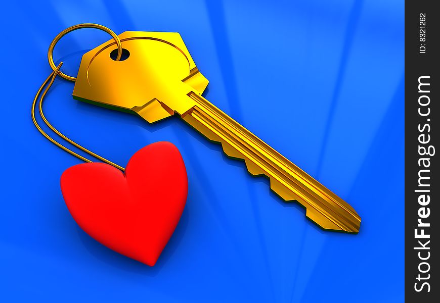 Abstract 3d illustration of key and red heart over blue background