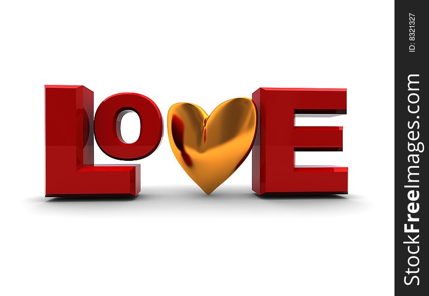 Abstract 3d illustration of text 'love' with golden heart. Abstract 3d illustration of text 'love' with golden heart