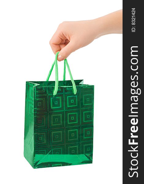 Hand with shopping bag isolated on white background