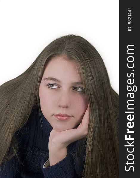 Teenage Girl looking aside and thinking, isolated over white background. Teenage Girl looking aside and thinking, isolated over white background