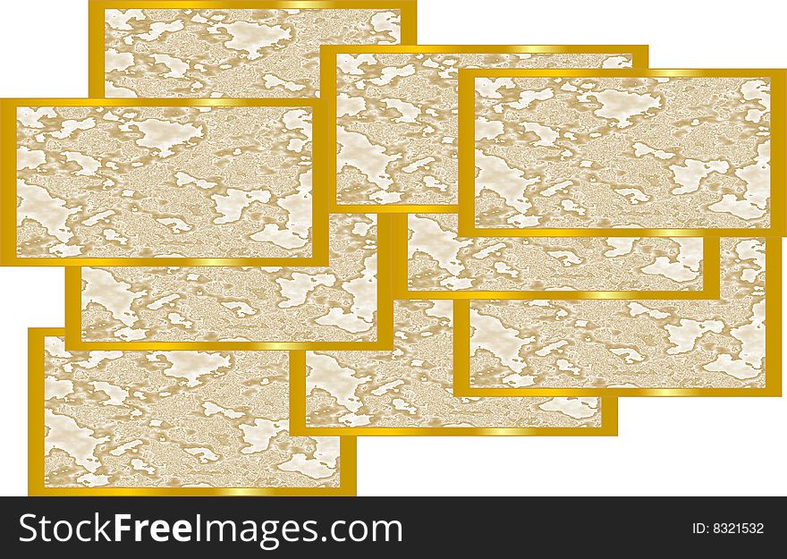 Gold flakes arranged in a collage with gold edging. Gold flakes arranged in a collage with gold edging..