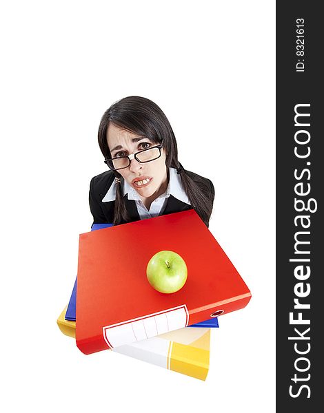 Frustrated businesswoman holding files on white background. High angle view