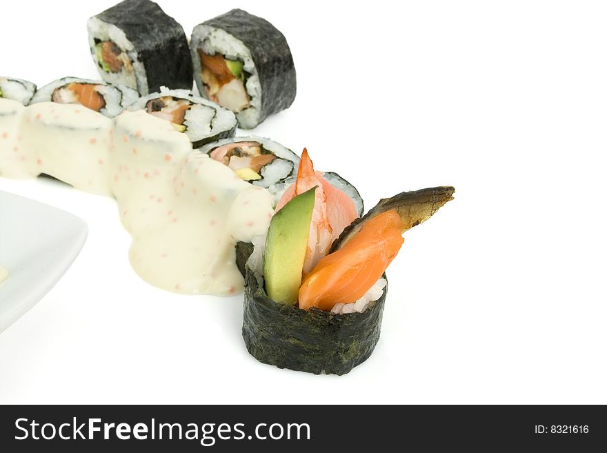 Sushi rolls are isolated on the white background