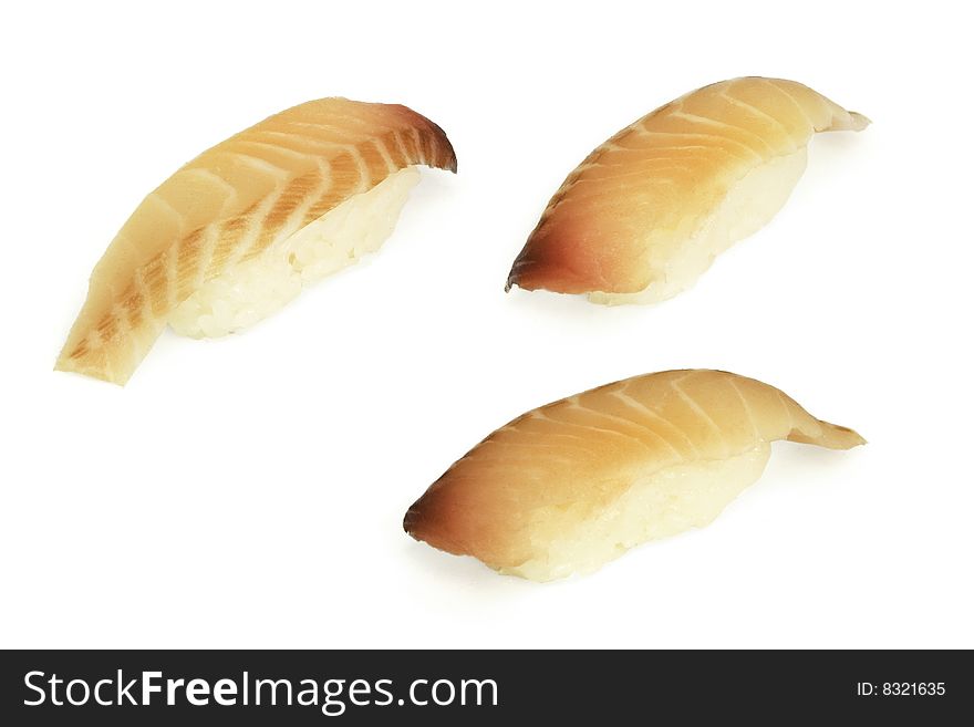 Three sushi rolls isolated on white. Three sushi rolls isolated on white