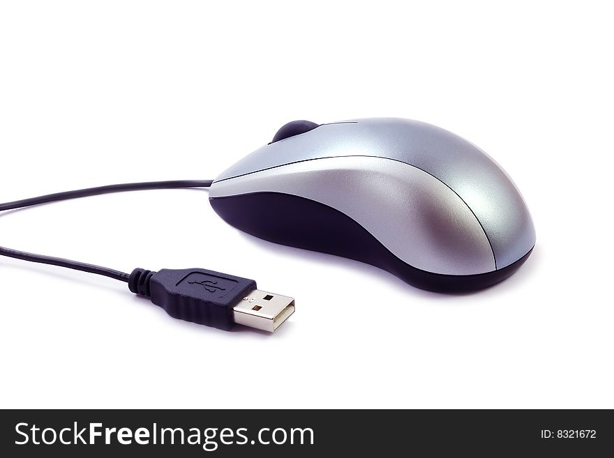 Modern computer optical wheel mouse with usb cord isolated on white background. Modern computer optical wheel mouse with usb cord isolated on white background