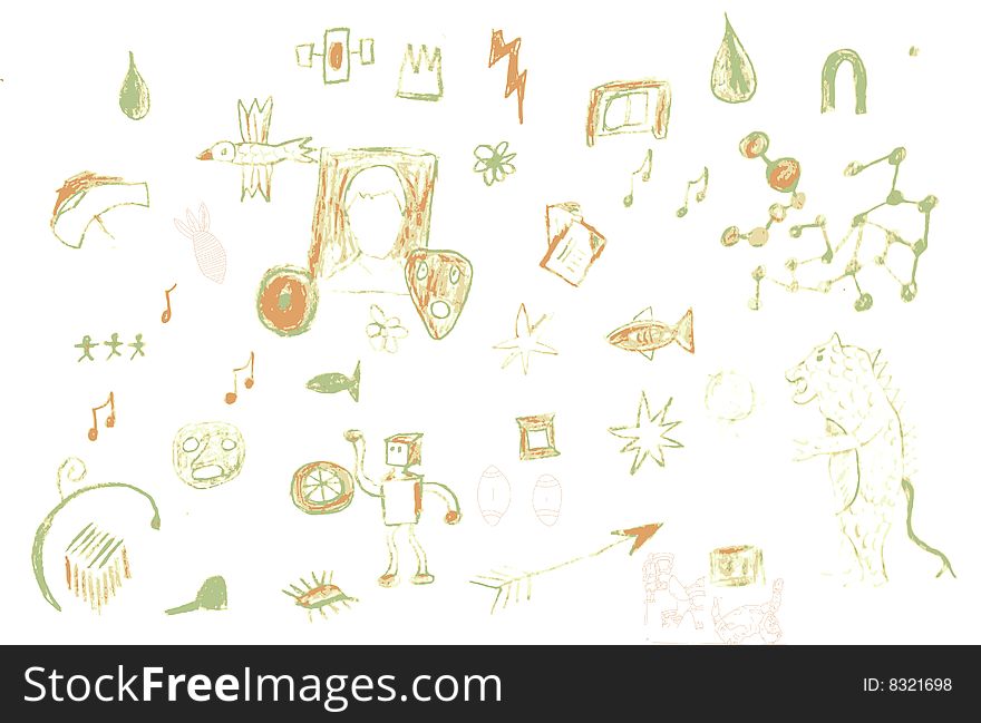 A abstract sketch including various grunge elements on pure white background with only green and orange used. A abstract sketch including various grunge elements on pure white background with only green and orange used.