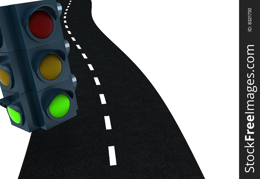 3d illustration of green traffic light and road, free way symbol