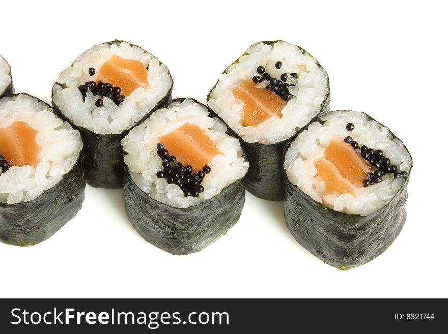 Sushi rolls with caviar and salmon are isolated on the white background