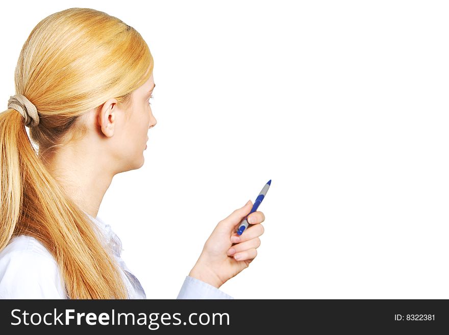 Business woman pointing with a pen in the studio