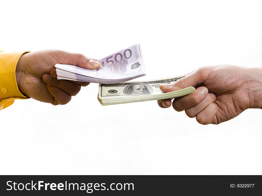 Two man hands with banknotes on white background. Two man hands with banknotes on white background