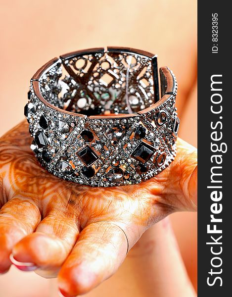 Diamond bracelet on models hand.