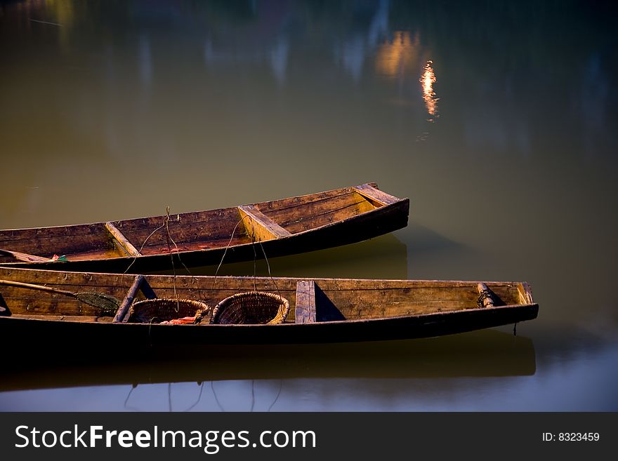 Old boat on lake. landscape