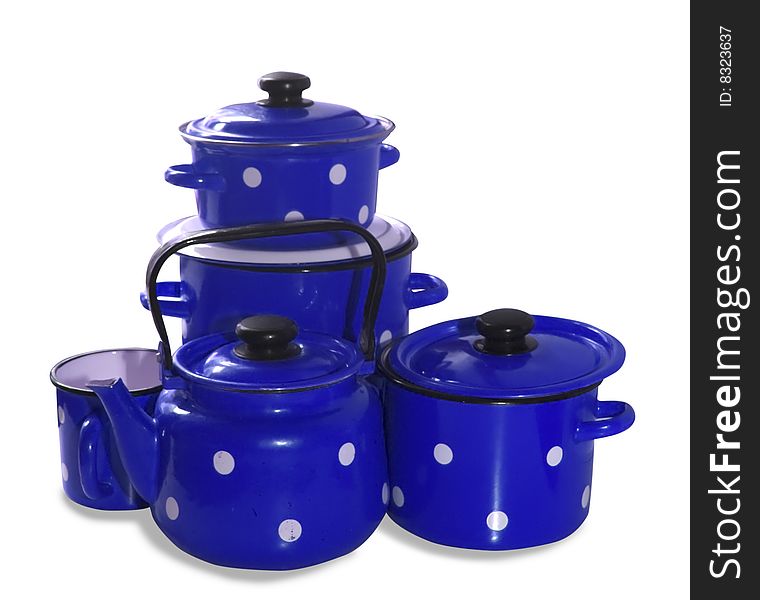 Colored saucepans and  kettle . Isolate over white. Colored saucepans and  kettle . Isolate over white