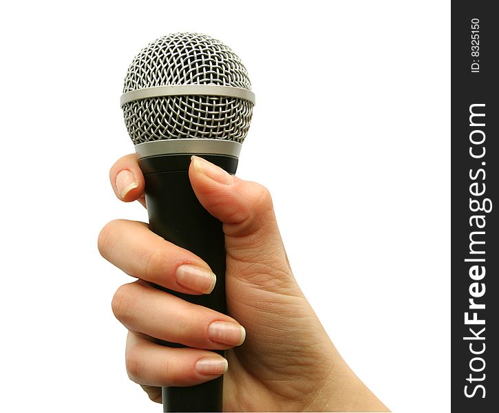 Hand with microphone isolated on white background