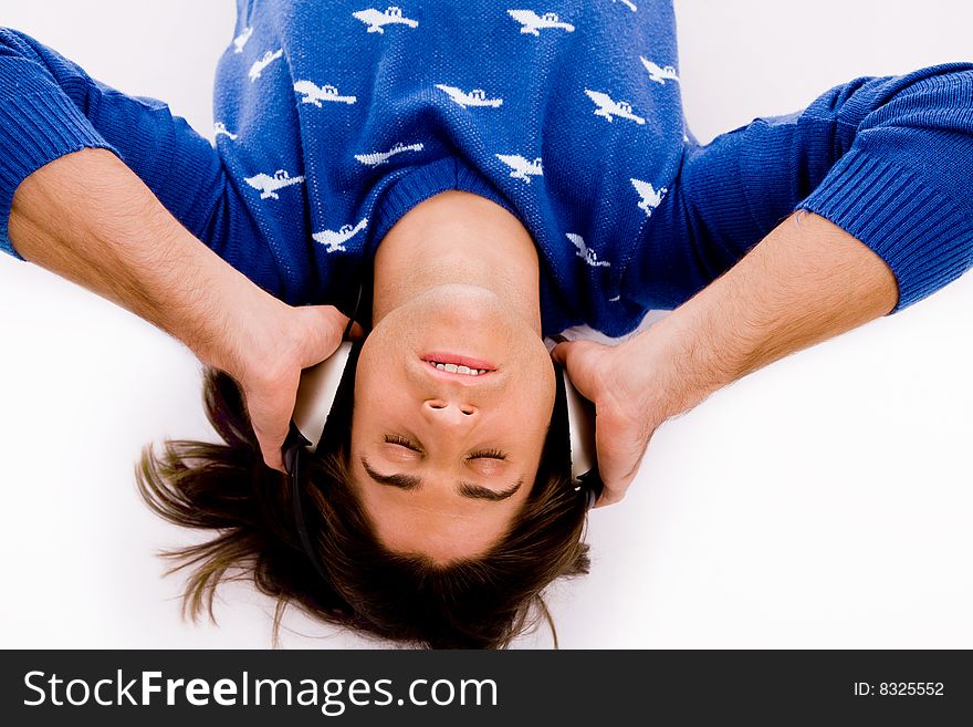 Portrait of thinking man looking up on an isolated white background