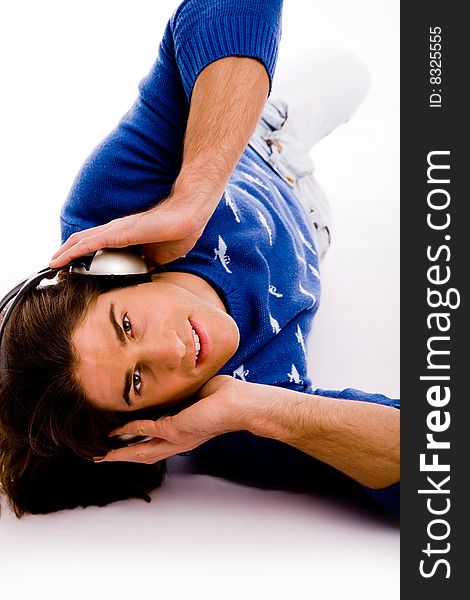 Portrait of thinking man looking up on an isolated white background