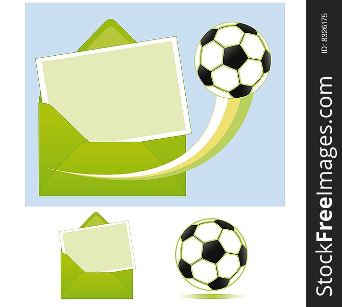Green envelope with a post paper on a blue background and a football. Green envelope with a post paper on a blue background and a football