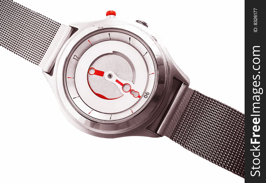 A stylish wrist watch with its time hands bright red colored