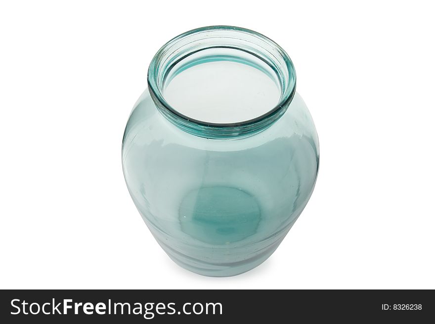 Empty glass jar on white background