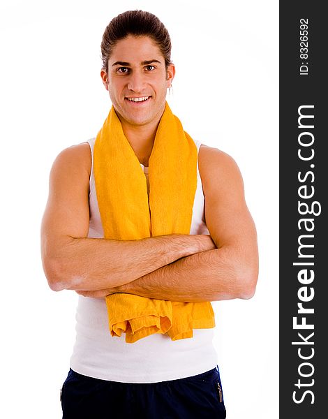 Portrait of powerful man showing muscles on an isolated white background