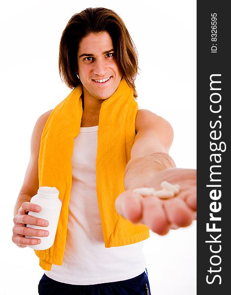 Portrait of powerful man showing muscles on an isolated white background