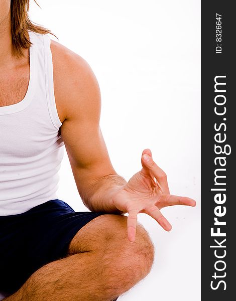 Portrait of powerful man showing muscles on an isolated white background