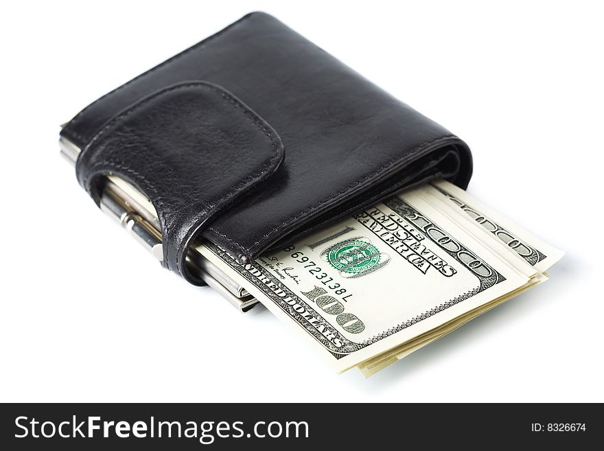 Dollar Banknotes In Black Wallet Isolated