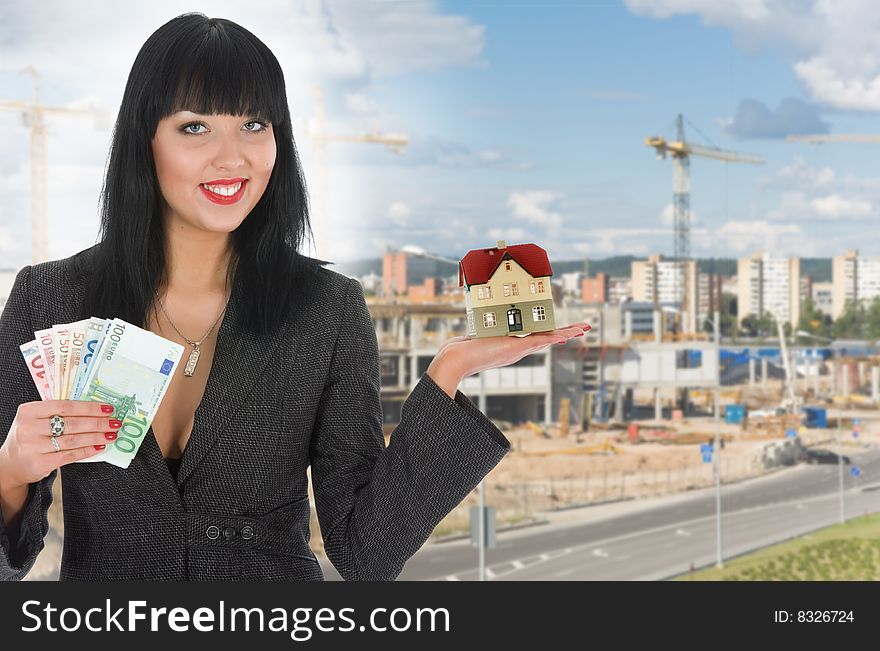 Business woman advertises real estate on background