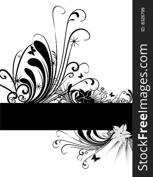 Illustration of frame with Abstract Floral motif and butterfly silhouette. Illustration of frame with Abstract Floral motif and butterfly silhouette