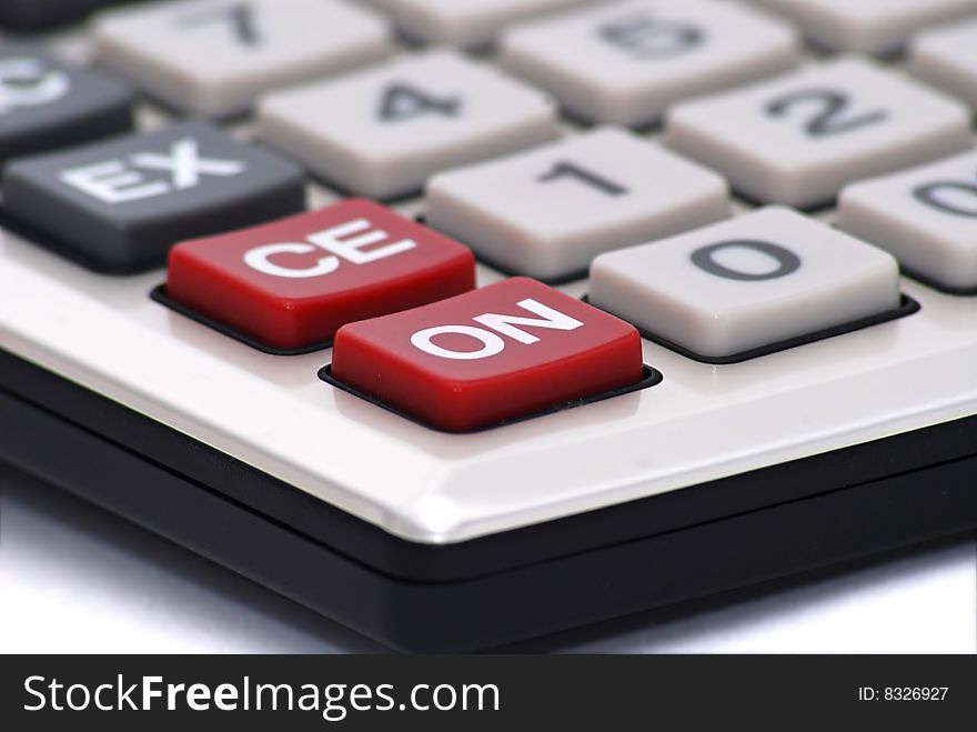 Closeup of a calculator keyboard. ON button in focus.