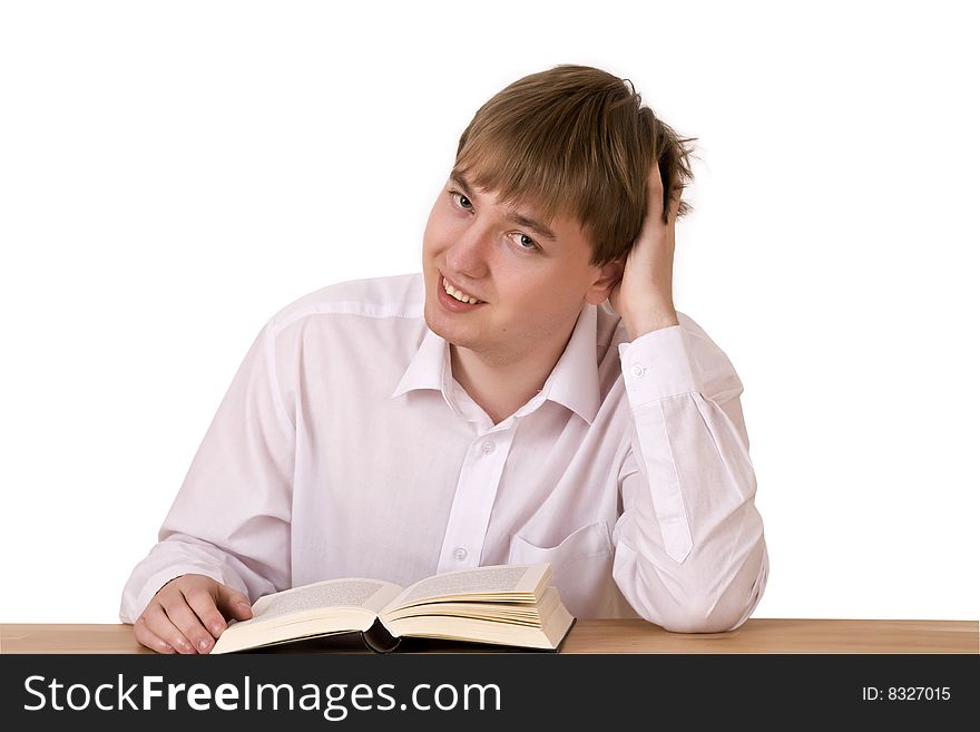 Handsome man sitting and reading in library
on white background. Handsome man sitting and reading in library
on white background