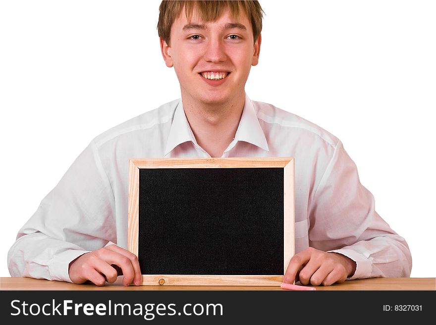 Young Man with blank blackboard sitting on white background. Young Man with blank blackboard sitting on white background
