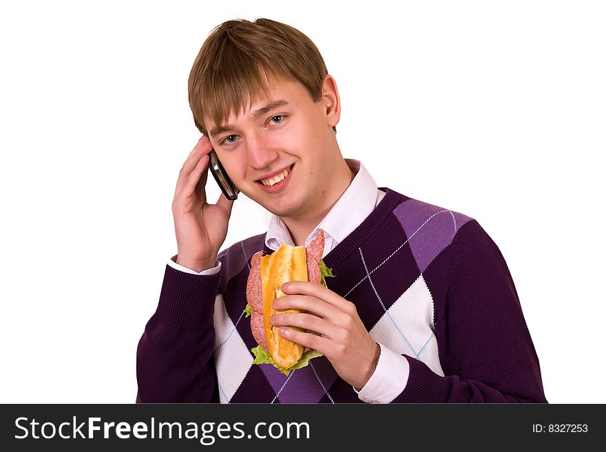 Happy student have lunch and calling on mobile phone on white background. Happy student have lunch and calling on mobile phone on white background