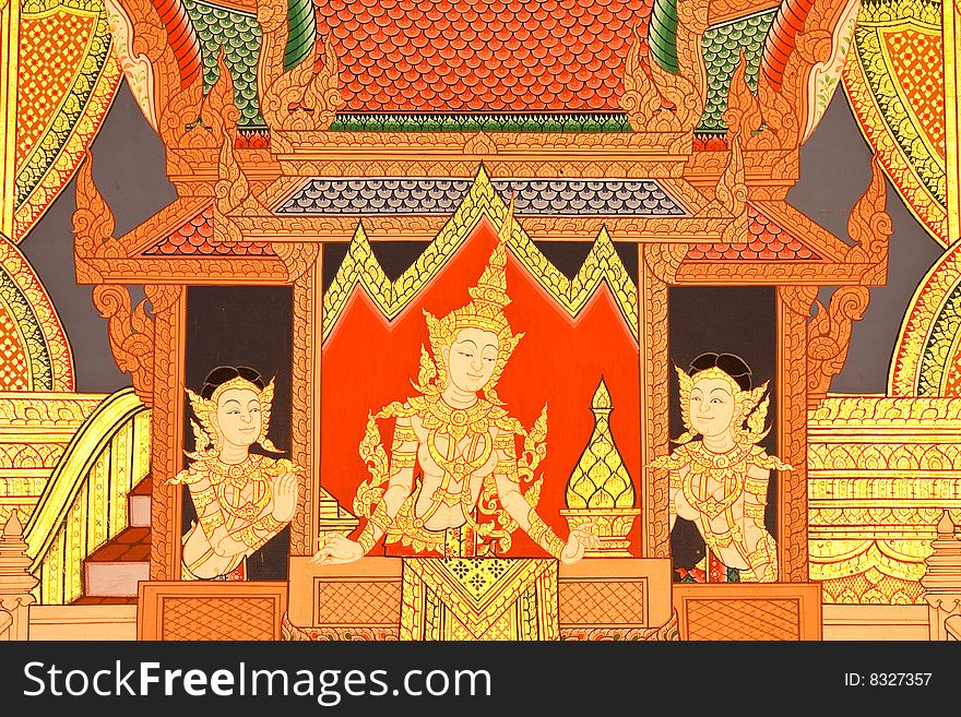 Painting of Devas in traditional Thai style on the wall of Buddhist church. Painting of Devas in traditional Thai style on the wall of Buddhist church.