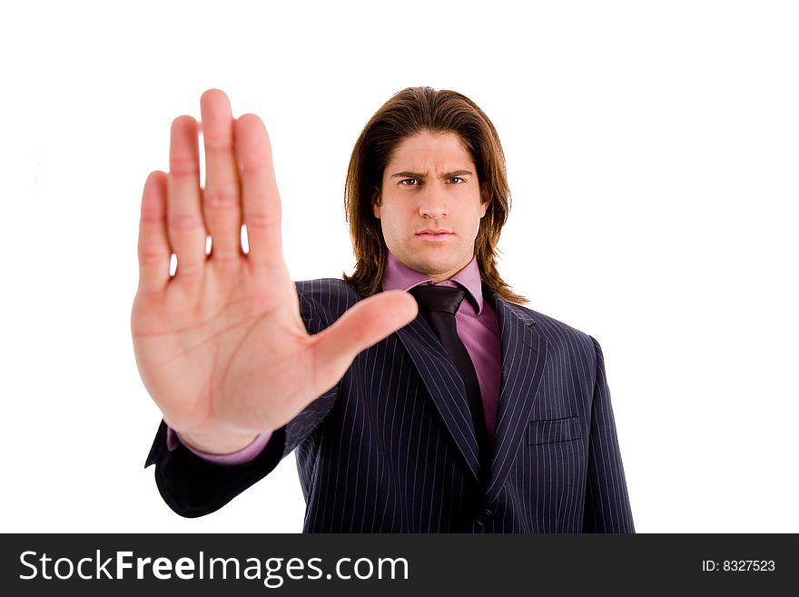 Side view of standing successful businessman with white background