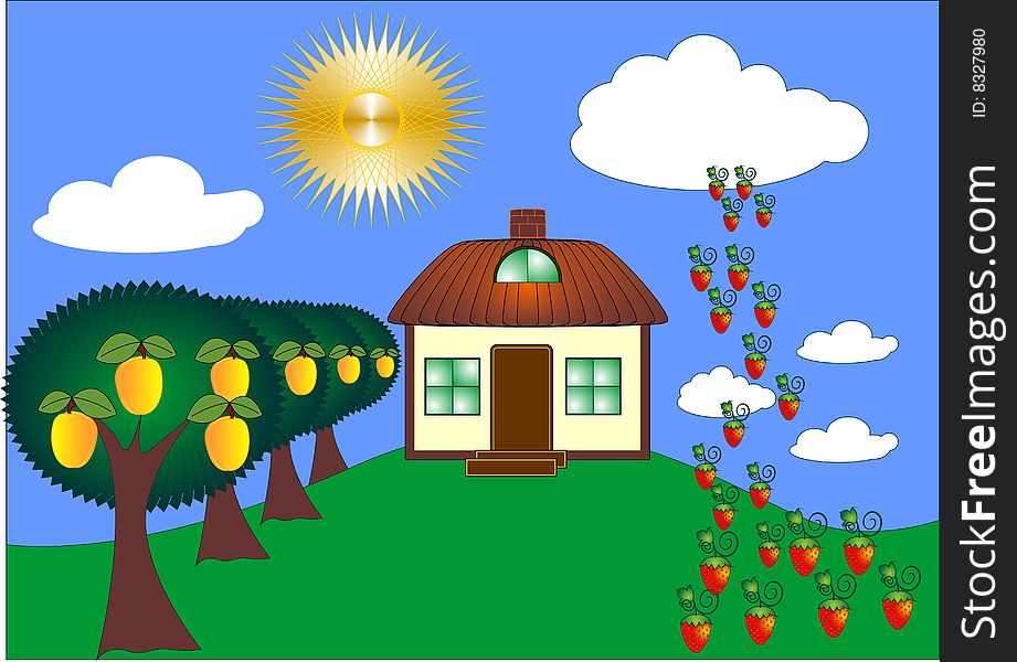 Abundance of Nature. Small cottage and orchard. Abstract illustration. Abundance of Nature. Small cottage and orchard. Abstract illustration.