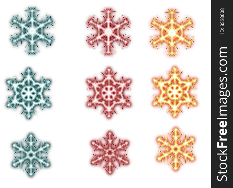 Three color of snowflakes, gold, red and cyan. Three color of snowflakes, gold, red and cyan