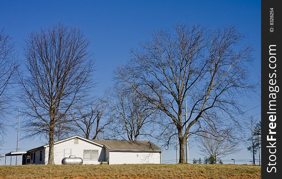 An old white farmhouse on a hill between oak trees. An old white farmhouse on a hill between oak trees