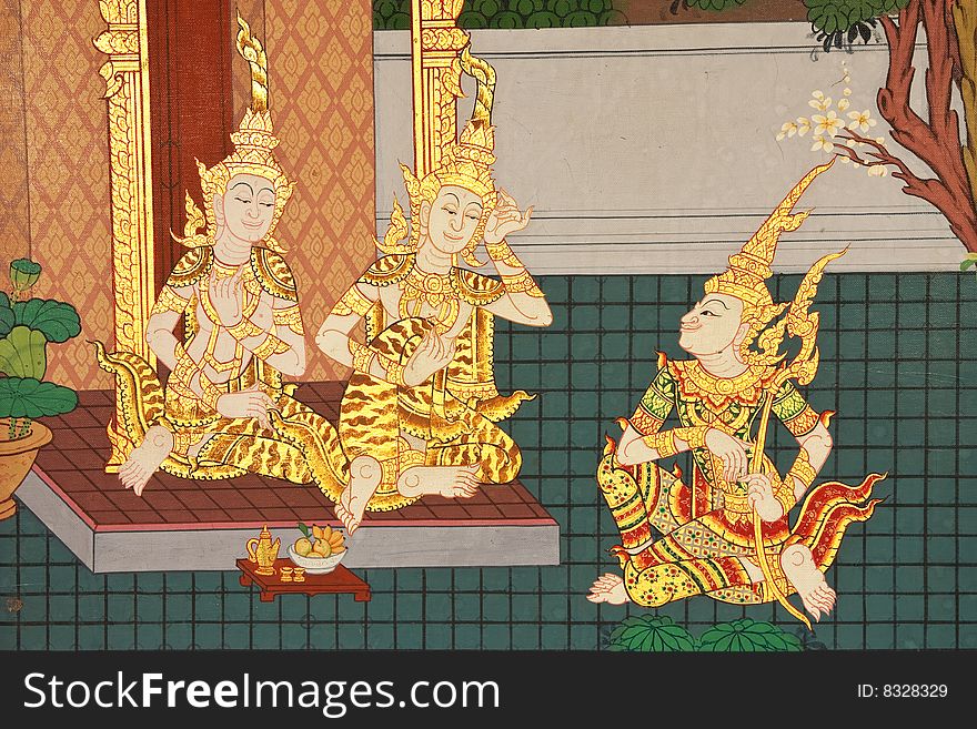 Painting of Devas in traditional Thai style on the wall of Buddhist church. Painting of Devas in traditional Thai style on the wall of Buddhist church.