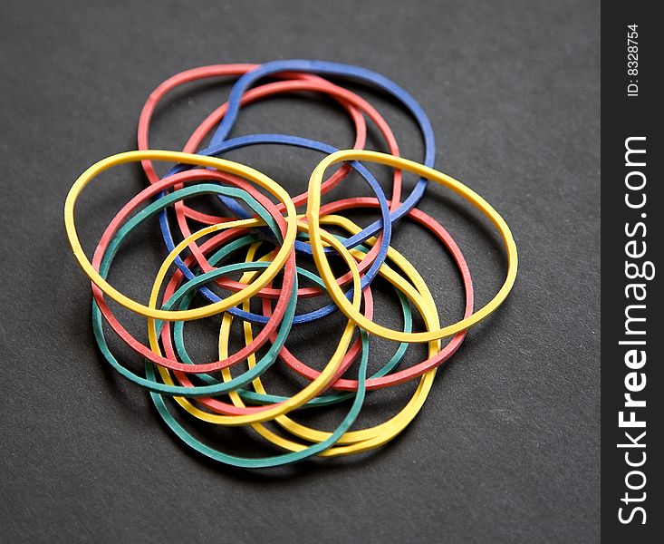Rubberbands come in many assorted colors. Rubberbands come in many assorted colors.