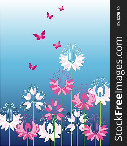 Beautiful flowers with butterfly on blue background.