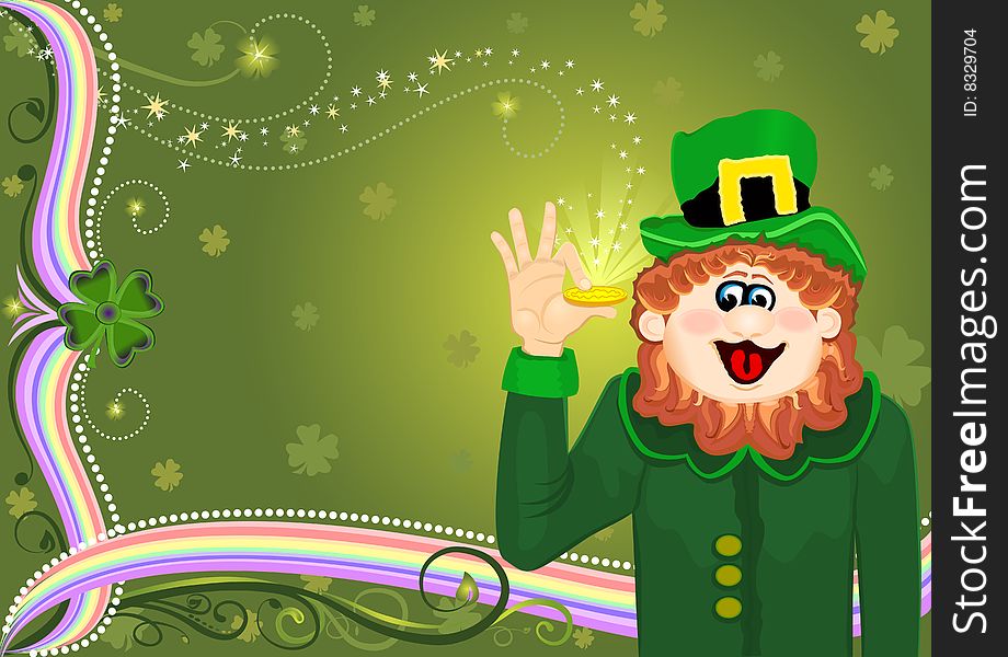 Celebrating Saint Patrick with magic Leprechaun, rainbows and gold coin. Vector file, saved as EPS AI 8 available. Celebrating Saint Patrick with magic Leprechaun, rainbows and gold coin. Vector file, saved as EPS AI 8 available.