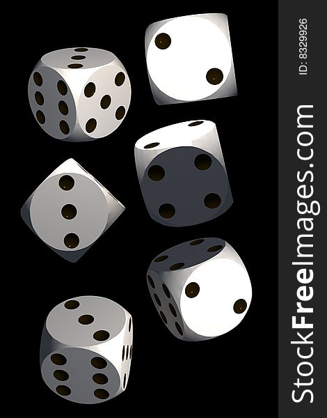Isolated dices on black background - 3d render illustration