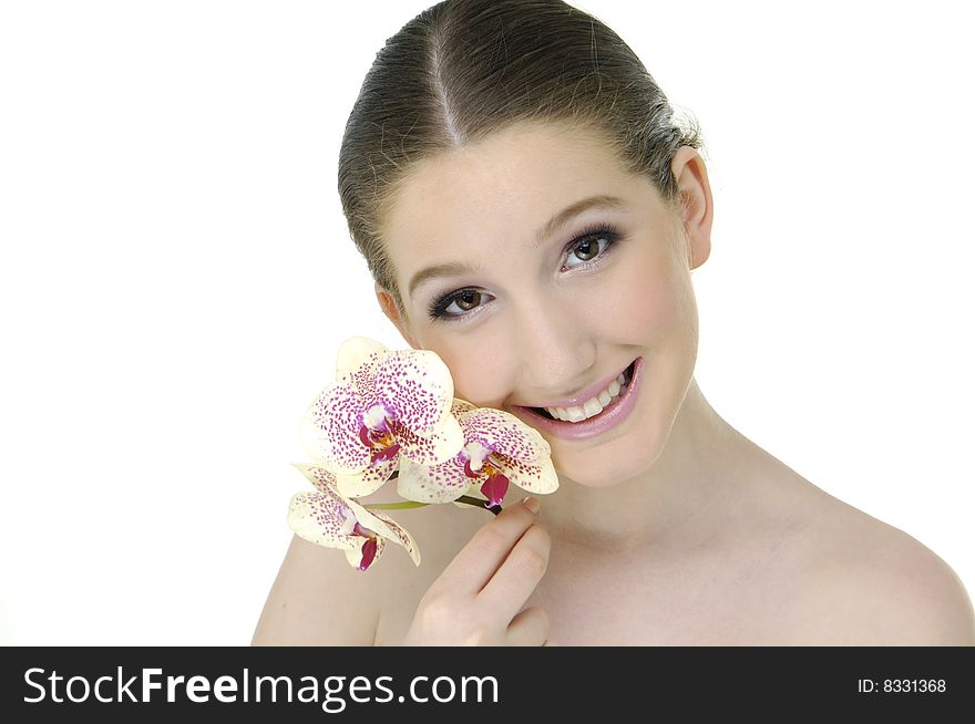 Bright picture of lovely girl with orchid. Bright picture of lovely girl with orchid