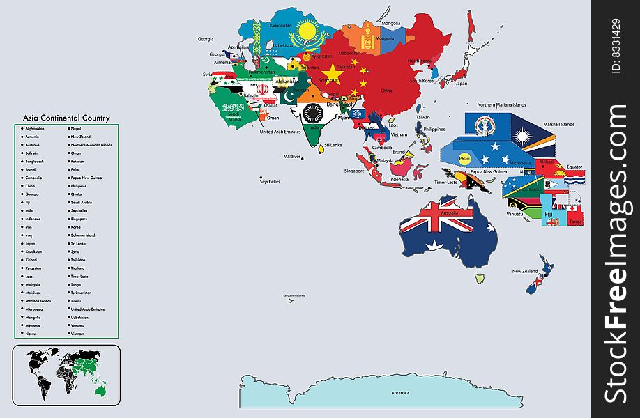 Asia Continental Country Flags And Map