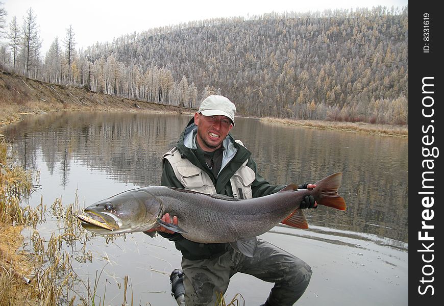 Fisherman with fish (taimen - Mongolia). Fisherman with fish (taimen - Mongolia)