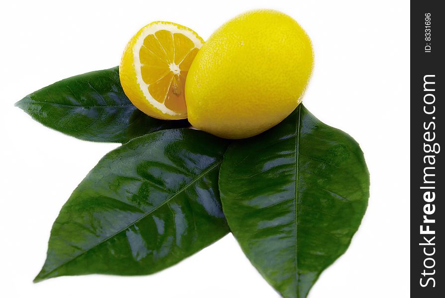 Lemon and his leaves on a white background